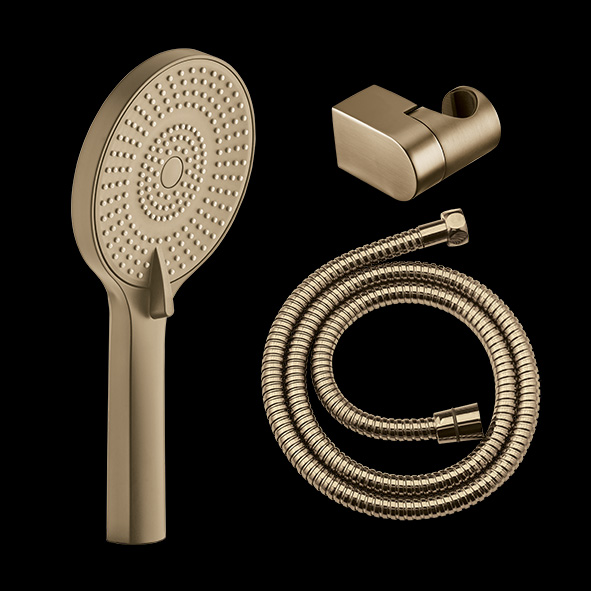 Brushed Gold Dual Function Hand Shower Set with 1.5mtr.Flexible Hose & Swivel Hook Flows: Intense Rain and Soft Rain – Aquant India